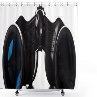 Personality  Panoramic Shot Of Black Binoculars With Lens Isolated On White  Shower Curtains