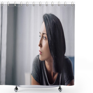 Personality  Beautiful Depressed Woman Looking Away At Home With Copy Space Shower Curtains
