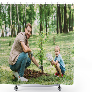 Personality  Happy Father And Son Squatting Near Seedling At Park Shower Curtains