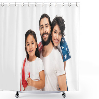 Personality  Happy Latin Family Smiling While Holding American Flag Isolated On White  Shower Curtains