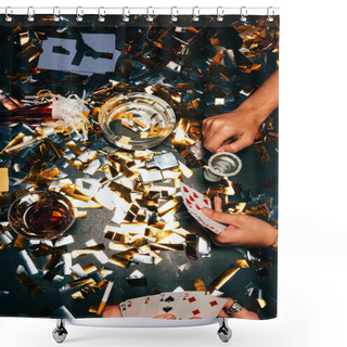 Personality  Cropped Image Of Male Friends Playing Poker At Table Covered By Golden Confetti Shower Curtains