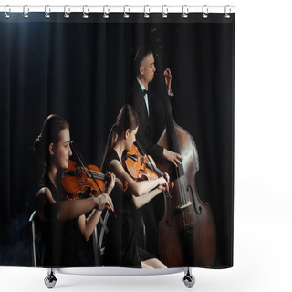 Personality  Professional Musicians Playing On Double Bass And Violins Isolated On Black Shower Curtains