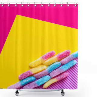 Personality  Flat Lay With Jelly Sweets With Sugar On Pink And Yellow Background  Shower Curtains