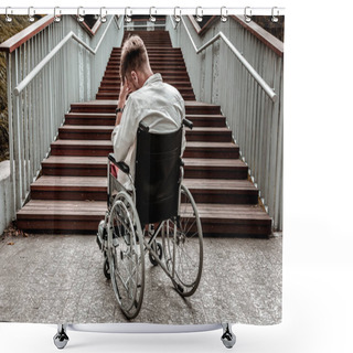 Personality  Laconic Image Of Disabled Man Sitting In Front Of The Stairs Shower Curtains