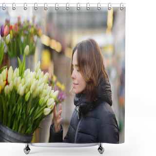 Personality  Beautiful Young Woman Selecting Fresh Tulips At Famous Amsterdam Flower Market (Bloemenmarkt). Shower Curtains