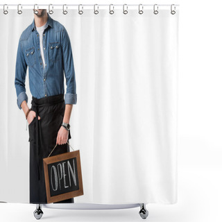 Personality  Cropped Shot Of Waiter With Open Blackboard In Hand Isolated On White Shower Curtains