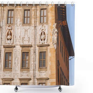 Personality  Close Up Of Ancient House With Sculptures In Old European City, Pisa, Italy  Shower Curtains