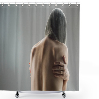 Personality  Topless Senior Woman, Rear View Shower Curtains