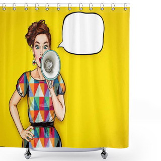 Personality  Pop Art Girl With Megaphone. Woman With Loudspeaker. Advertising Poster With Lady Announcing Discount Or Sale.  Shower Curtains
