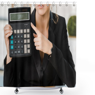 Personality  Cropped Image Of Businesswoman Pointing On Calculator In Office Shower Curtains