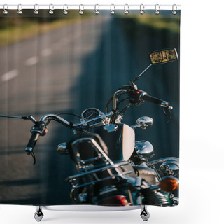 Personality  Cruiser Motorcycle Standing On Asphalt Road Shower Curtains