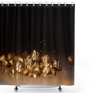 Personality  Selective Focus Of Golden Stones On Brown Marble Surface With Blurred Black Background Shower Curtains