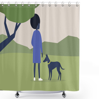 Personality  Young Black Female Character Walking With Their Dog In The Woods, Outdoor Leisure Activities, Summer Time Shower Curtains