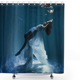 Personality  Lighting On Graceful Young Woman In White Elegant Dress Swimming In Pool  Shower Curtains