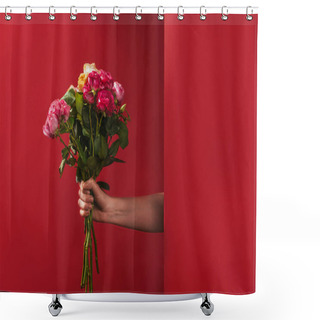 Personality  Cropped Shot Of Person Holding Beautiful Bouquet Of Roses On Red  Shower Curtains