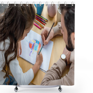 Personality  Father And Daughter Sitting At Table And Drawing In Album Shower Curtains