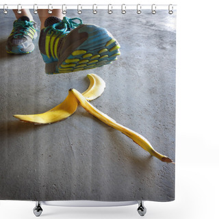 Personality  Detail Of Person Stepping On Banana Peel And Slipping Shower Curtains