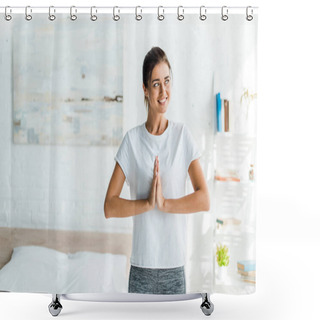 Personality  Beautiful Smiling Girl Practicing Yoga With Namaste Sign In The Morning  Shower Curtains