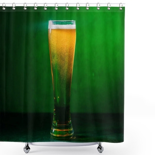 Personality  Close-up View Of Glass With Fresh Cold Amber Beer On Green Shower Curtains