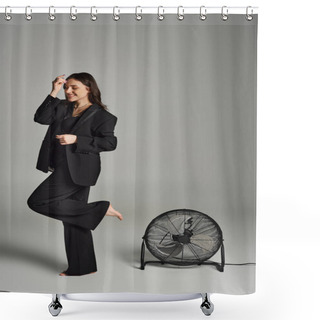 Personality  A Beautiful Plus Size Woman In Stylish Attire, Standing Gracefully In Front Of A Fan, Her Outfit Fluttering In The Breeze. Shower Curtains
