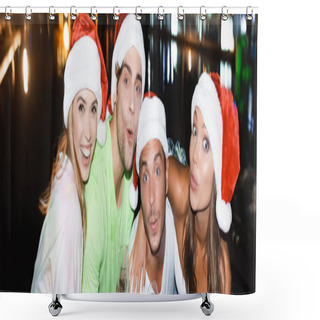 Personality  Horizontal Image Of Friends In Santa Hats Looking At Camera Outdoors At Night  Shower Curtains