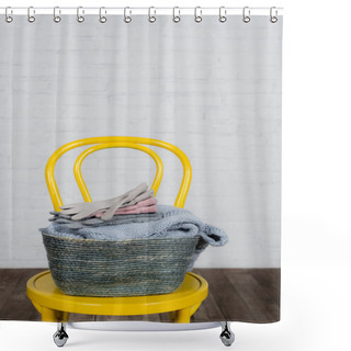 Personality  Basket With Gloves And Sweater On Chair At Home  Shower Curtains