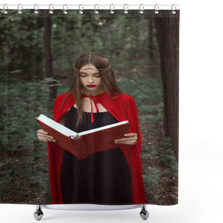 Personality  Beautiful Mystic Girl In Red Cloak And Wreath Reading Magic Book In Woods Shower Curtains