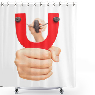 Personality  Hand Holding A Stretched Slingshot Shower Curtains