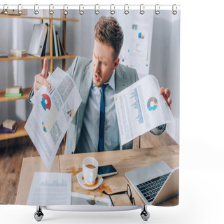 Personality  Aggressive Businessman Holding Dirty Documents Near Pouring Out Coffee And Devices In Office  Shower Curtains