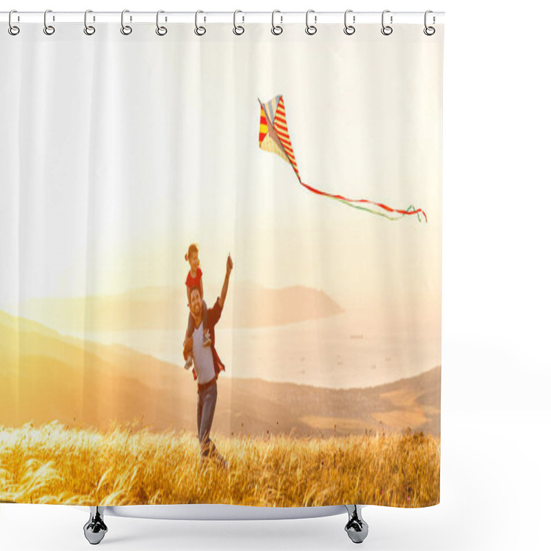 Personality  Happy Family Father And Child Daughter Run With  Kite On Meado Shower Curtains