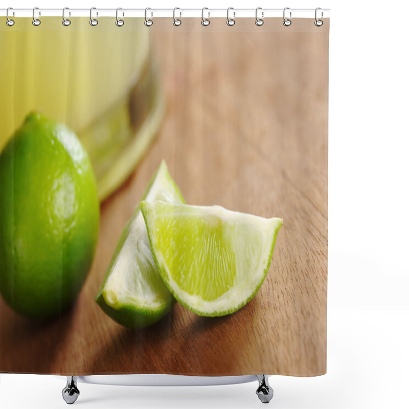 Personality  Lime Quarters With A Whole Lime And A Refreshing Lemonade Drink In The Back (Selective Focus, Focus On The Surface Of The First Lime Quarter) Shower Curtains