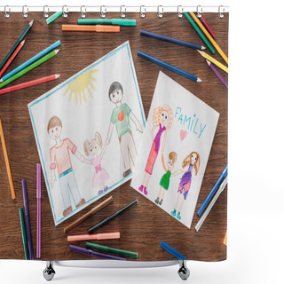 Personality  Color Pencils And Felt Pens, And White Papers With Drawings Of Same Sex Families And 