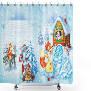 Personality  Illustration To The Fairy-tales With A Wolf, Fox, Hare And Santa Shower Curtains