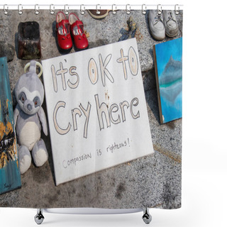 Personality  Vancouver, Canada - August 14,2021: Memorial For Indigenous Children Which Remains Have Been Found Near The City Of Kamloops In May. A View Of Sign Its Ok To Cry Here In Front Of Vancouver Art Gallery Shower Curtains