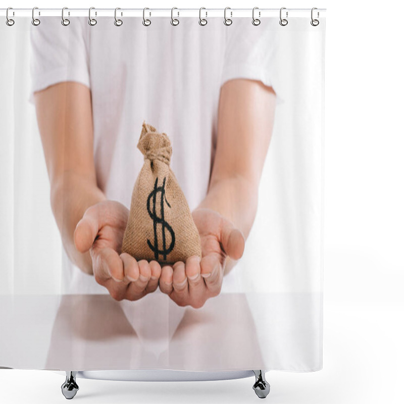 Personality  Cropped View Of Man Holding Moneybag Isolated On White, Mortgage Concept Shower Curtains
