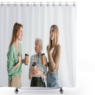 Personality  Three Generation Of Women Holding Paper Cups And Arguing Isolated On White Shower Curtains