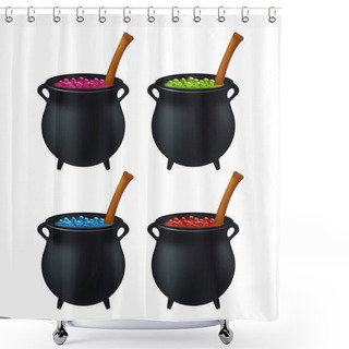 Personality  Witch Cauldron With Colorful Potion, Bubbling Witches Brew. Realistic Vector Illustration Isolated On White Background. Shower Curtains