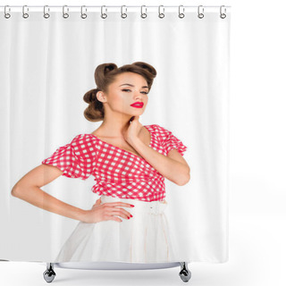Personality  Portrait Of Attractive Young Woman In Retro Style Clothing Isolated On White Shower Curtains