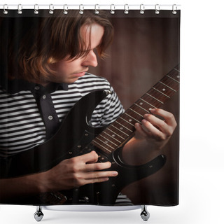 Personality  Young Musician Plays His Electric Guitar With Dramatic Lighting. Shower Curtains