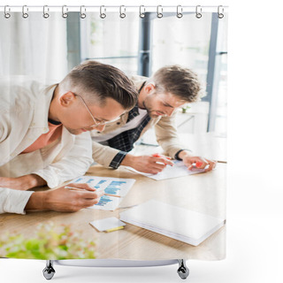 Personality  Two Young Businessmen Analyzing Papers With Graphs And Charts While Working On Startup Project Together In Office  Shower Curtains