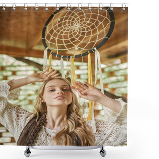 Personality  Portrait Of Young Boho Style Woman Posing Near Dream Catcher In Cottage Of Retreat Center Shower Curtains