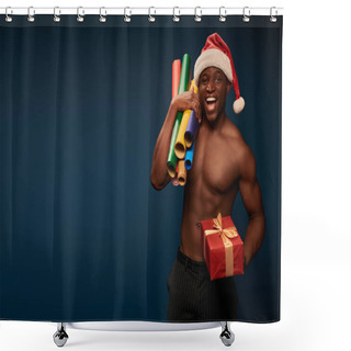 Personality  Joyful And Shirtless African American Man In Santa Hat With Wallpapers And Gift Box On Dark Blue Shower Curtains