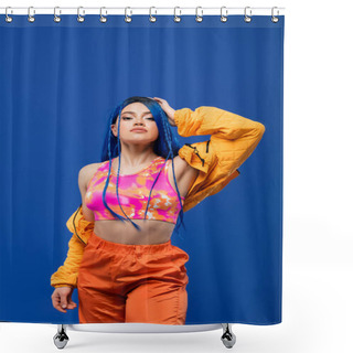 Personality  Vibrant Look, Dyed Hair, Female Model With Blue Hair Posing In Puffer Jacket On Blue Background, Vibrant Color, Urban Fashion, Individualism, Young Woman With Funky Style Shower Curtains
