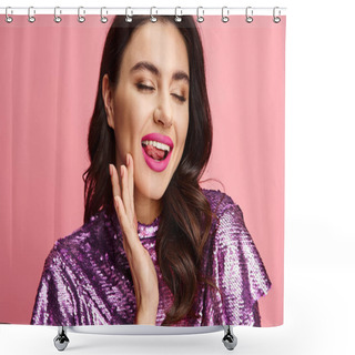 Personality  A Woman Exudes Charm In A Purple Sequin Top And Pink Lipstick. Shower Curtains