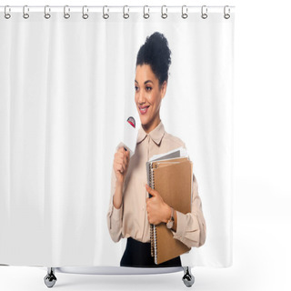Personality  African American Journalist With Microphone, Documents And Notebooks Smiling Isolated On White Shower Curtains