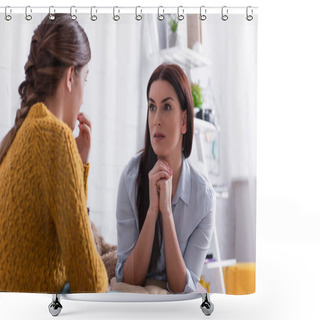 Personality  Worried Mother Looking At Teenage Daughter On Blurred Foreground Shower Curtains