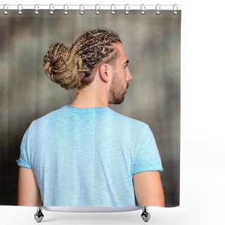 Personality  Attractive Blonde Male Model With Combination Of Braids And Dreadlocks Posing In Studio On Isolated Background. Style, Trends, Fashion Concept. Shower Curtains