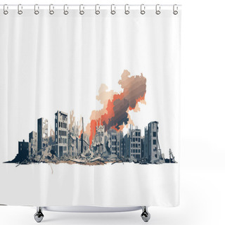 Personality  Destroyed City Demolished Buildings Fire Smoke Isolated Illustration Shower Curtains