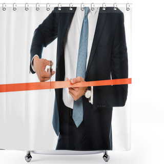 Personality  Cropped View Of Businesswoman Cutting Red Ribbon With Scissors For Grand Opening, Isolated On White Shower Curtains