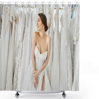 Personality  A Young, Beautiful Bride Stands In Front Of A Rack Of White Wedding Dresses In A Bridal Salon, Carefully Selecting Her Gown. Shower Curtains